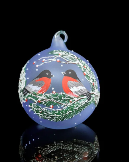 Glass By Iness - Light Blue Blown Glass Ornament - Handcrafted - Keepsake - Finches Design