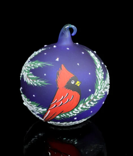 Glass By Iness - Blue Blown Glass Ornament - Handcrafted - Charming Red Cardinal Design
