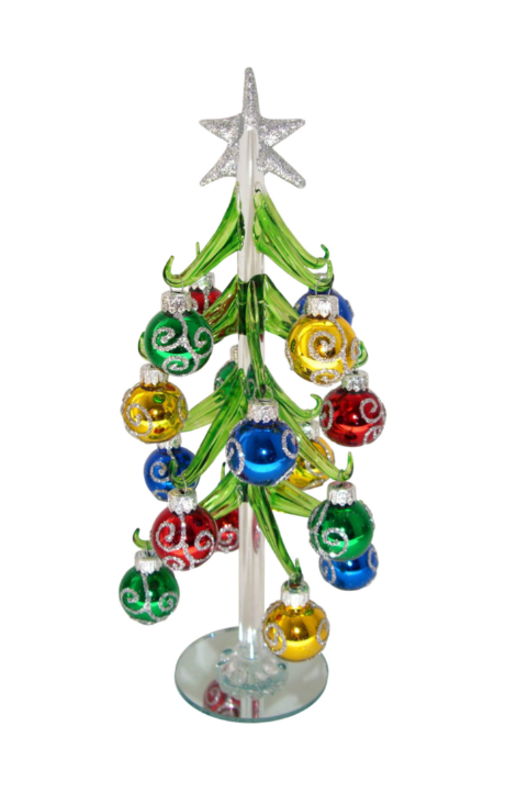 RCS - 10" Mini Glass Christmas Tree w/ Silver Glitter Ornaments - 89902