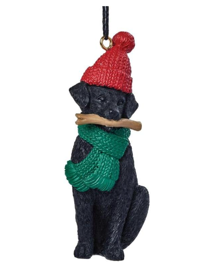 Black Dog w/Red Hat & Green Scarf Christmas Ornament - 238-52139