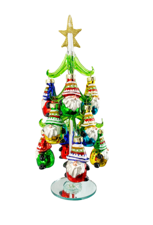 RCS - Mini Glass Christmas Tree w/ Gnome Ornaments - 89141