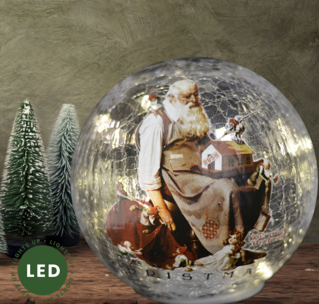 Santa & Elves - Norman Rockwell LED Crackle Glass Globe Lantern - 85016
