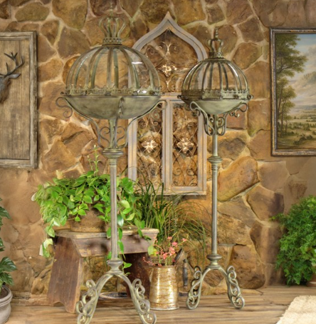 Standing Iron & Glass Dome Lanterns/Terrariums in Frosted Gold "Domme 1437" - Large - ZR530997-FGS