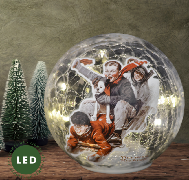 Boys on Sled - Norman Rockwell LED Crackle Glass Globe Lantern - 85015