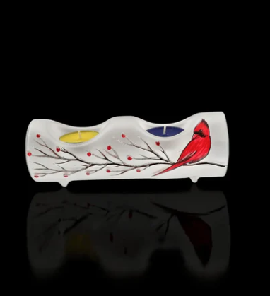Glass By Iness - Cardinal Blown Glass Double Candle Holder – Hand-Painted Design