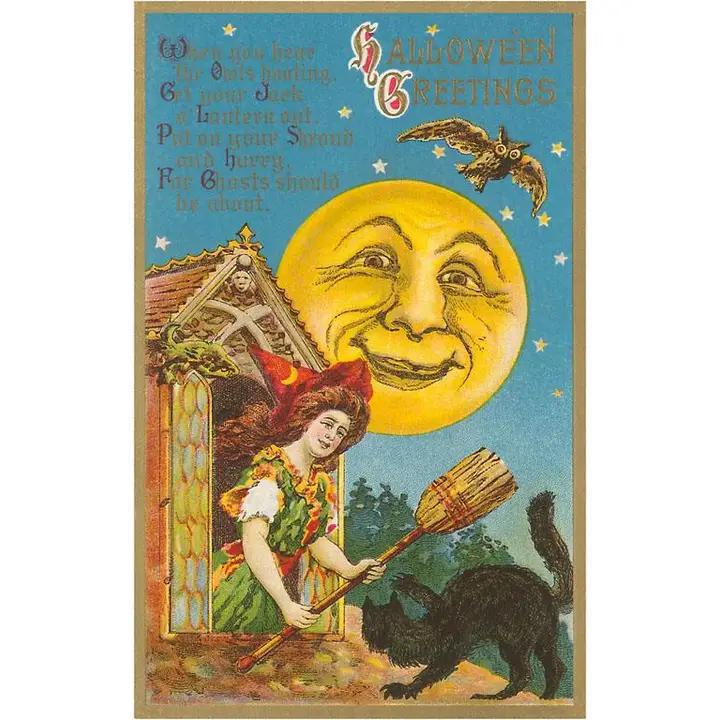 Found Image Press - Sticker - Halloween Greetings, Witch At Dormer Window - HW-00064-SK1201