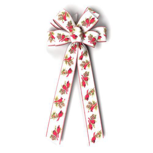 8 Loop Bow Cardinals on White Linen Red Woven Edge 2206-991-53
