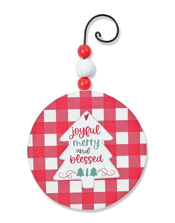 Round Wooden Joyful, Merry & Blessed Christmas Ornament with Beads - 238-52119