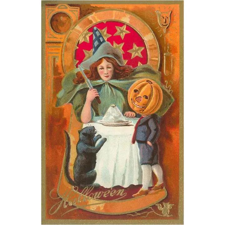 Found Image Press - Sticker - Old Fashioned Halloween, Witch, Cat, Jack O'Lantern - HW-00105-SK1201