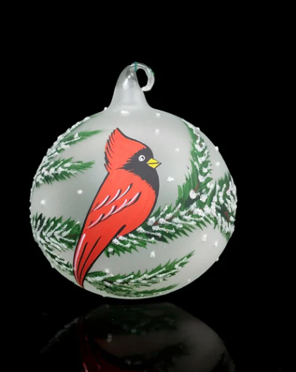 Glass By Iness - Frosted Blown Glass Ornament - Handcrafted - Red Cardinal Design w/ Greenery