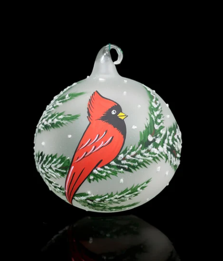 Glass By Iness - Frosted Blown Glass Ornament - Handcrafted - Red Cardinal Design