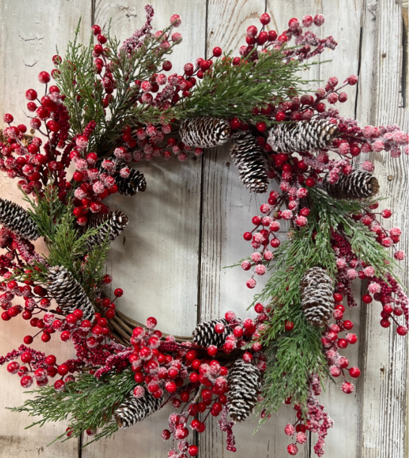 Snow Covered Red Berry Wreath - BG384