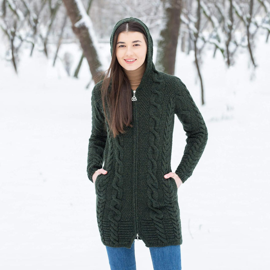 SAOL - Aran Cable Knit Hooded Zip Coatigan - Army Green Large - ML110-102-LRG