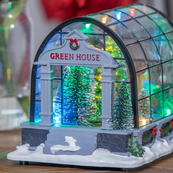 Evergreen - Holiday Poinsettia LED Table Decor Resin Greenhouse with Rotating Tree and Music - 8TAL160