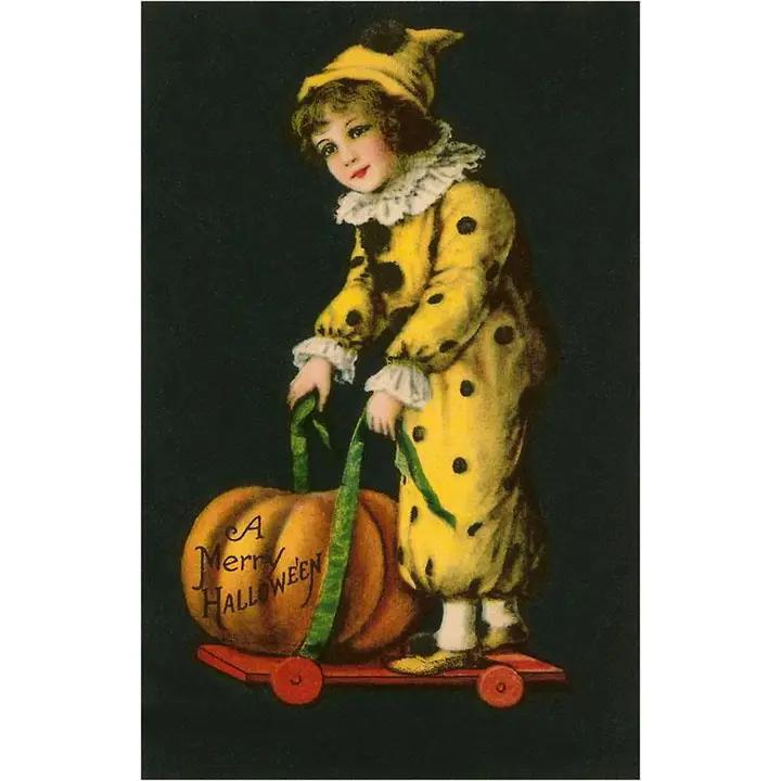 Found Image Press -  Greeting Card - Halloween, Little Clown and Pumpkin - HW-00019-NC0601