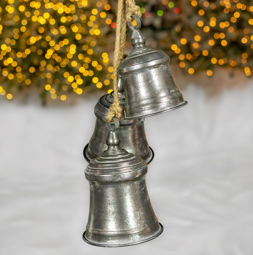 30.3" Hanging 3pc Antique Silver Iron Bell Cluster - Wide Classic Style - ZR233001-SV3