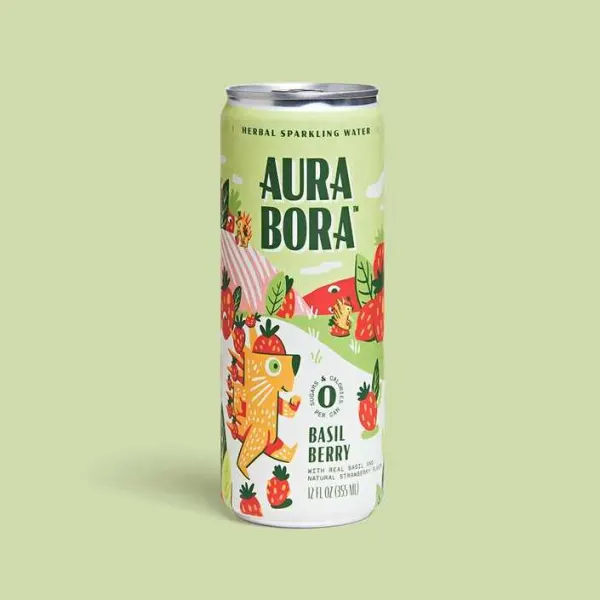 Aura Bora - Herbal Sparkling Water - Basil Berry (Strawberry) 12 oz Can
