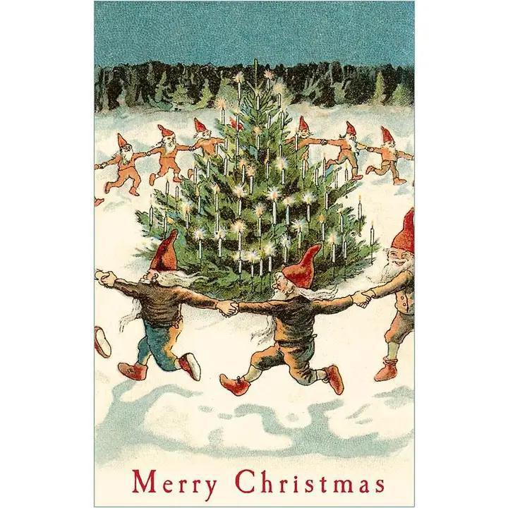 Found Image Press - Greeting Card MC-415 Merry Christmas, Elves Dancing Around Tree - MC-00415-NC0601