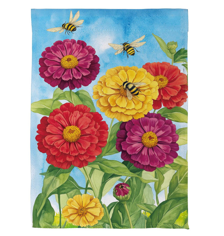 Multicolor Zinnias & Bees Suede Garden Flag - SXGY73SGF325