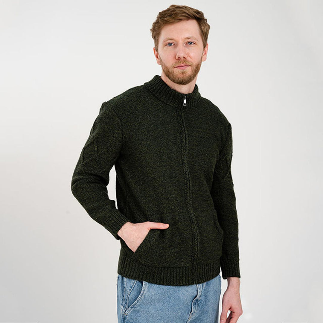 SAOL - Full Zip Men's Cable Knit Cardigan - Army Green - MM223-602-LRG