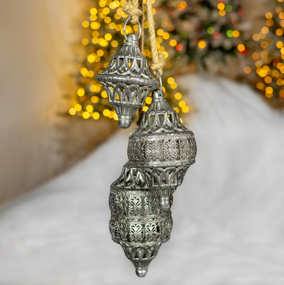 31.5" Hanging 3pc Antique Silver Iron Bell Cluster - Embellished Cage Style - ZR233001-SV1