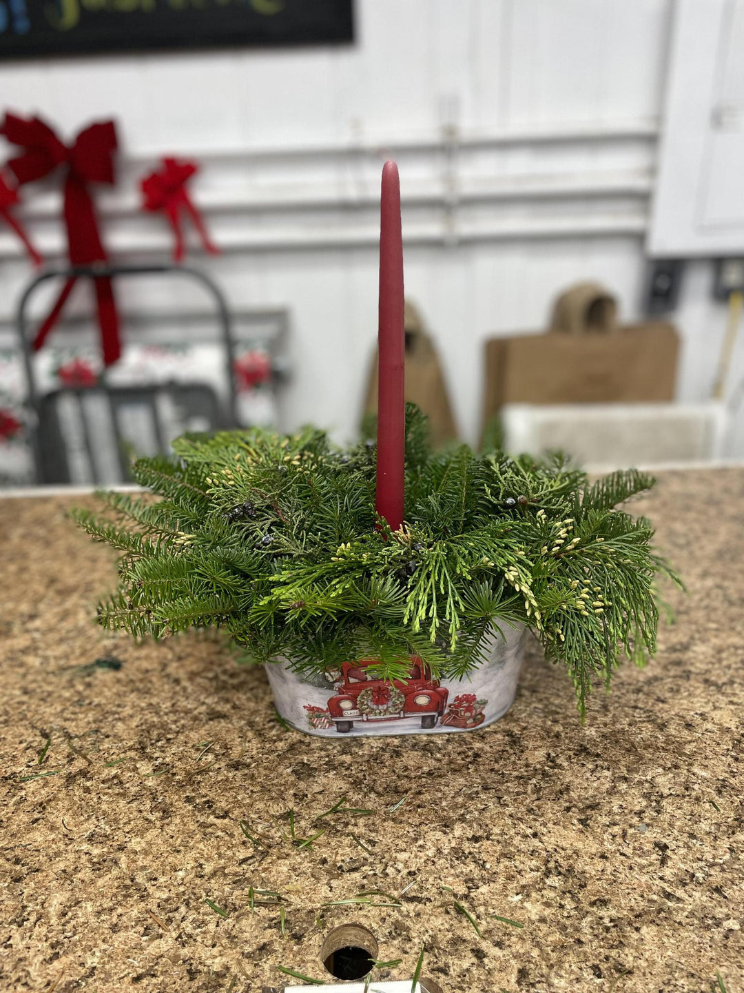 PreGreened Centerpiece with 1 Candle Holder in Oblong Red Truck