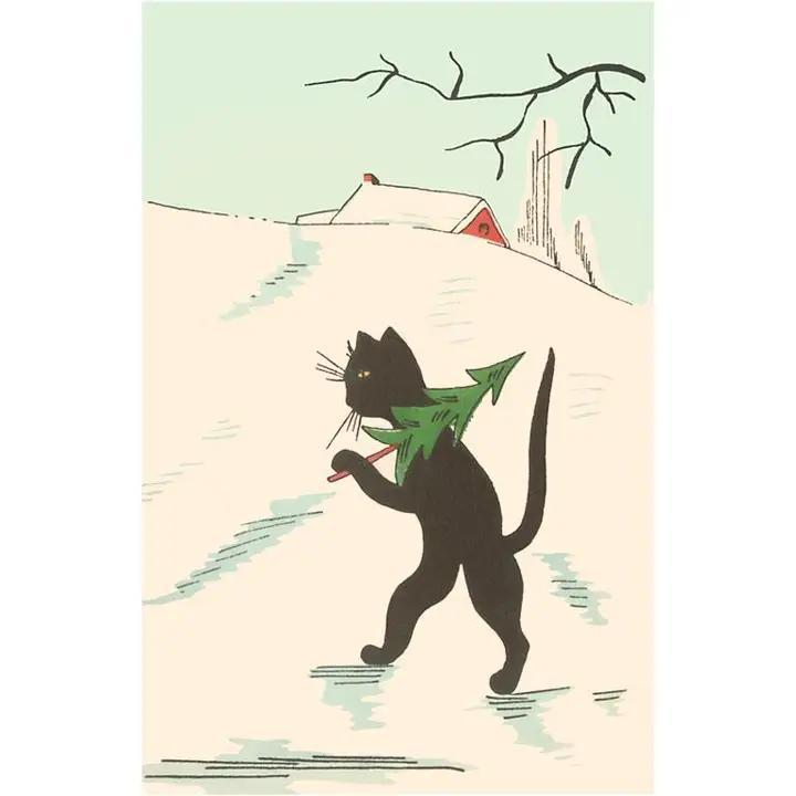Found Image Press - Greeting Card MC-376 Black Cartoon Cat with Small Christmas - MC-00376-NC0601