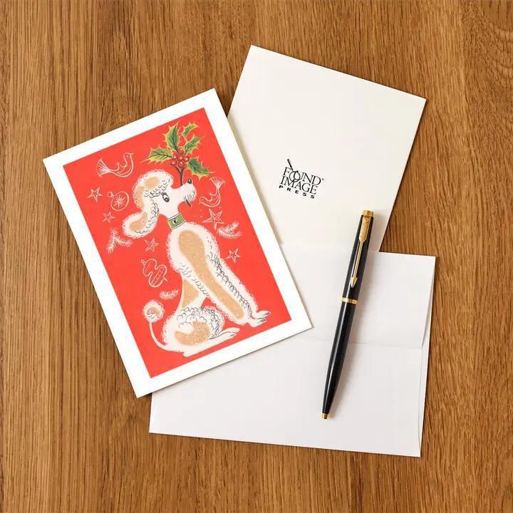 Found Image Press - Greeting Card MC-512 Cartoon Poodle with Holly Sprig - MC-00512-NC0601
