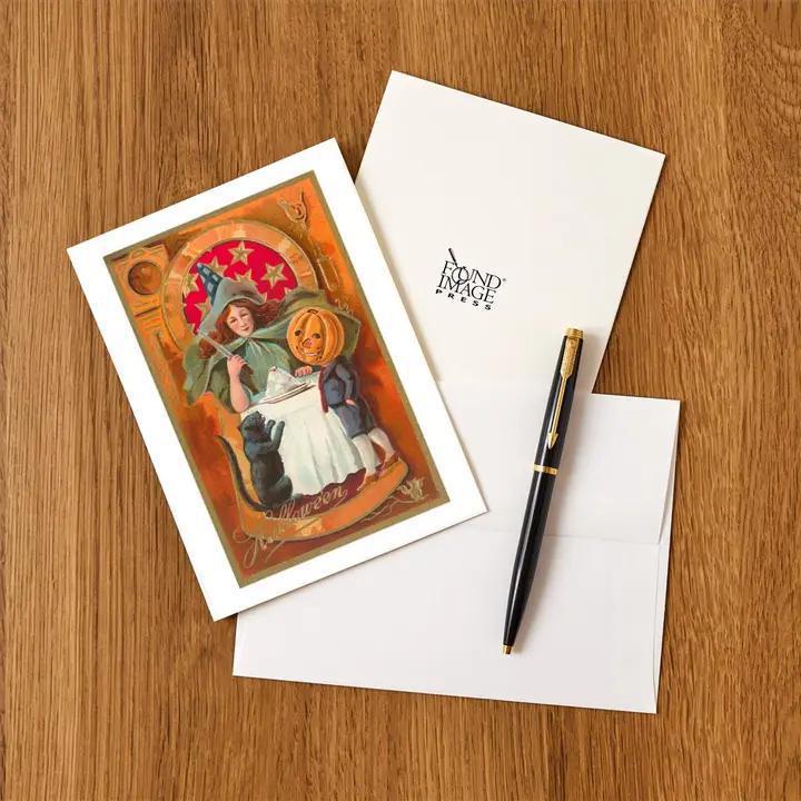 Found Image Press -  Greeting Card - Old Fashioned Halloween, Witch, Cat, Jack O'Lantern - HW-00105-NC0601