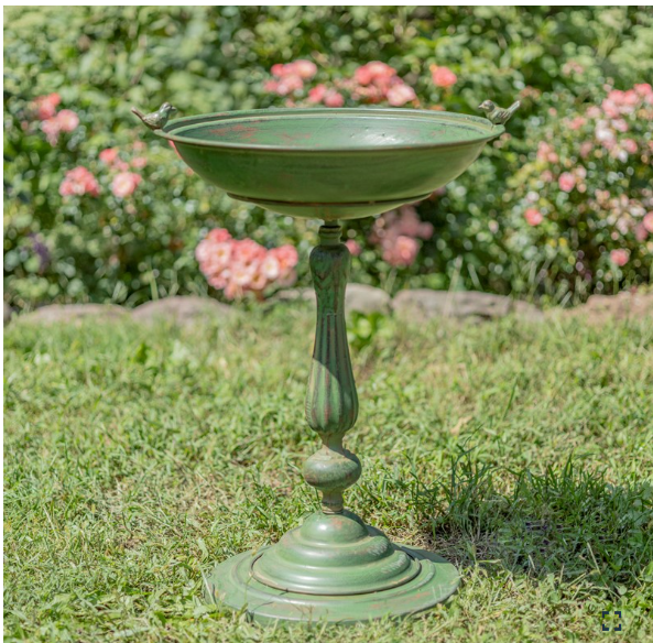 28.75" Tall Round Pedestal Birdbath with Bird Details in Antique Green ZR181173-GR