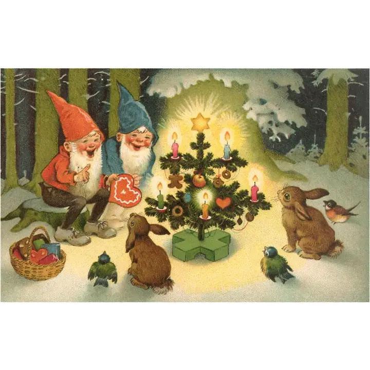 Found Image Press - Greeting Card MC-127 Elves At Christmas Tree - MC-00127-NC0601