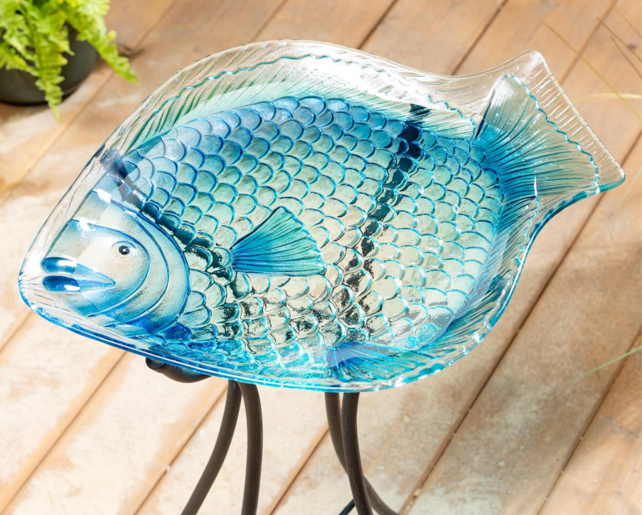 18" Blue Fish Glass Birdbath - Blue Coastal Birdbath - BBZK8GGLS326