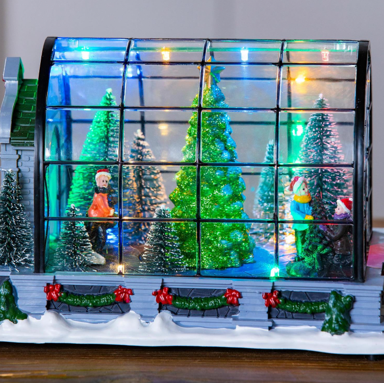 Evergreen - Holiday Poinsettia LED Table Decor Resin Greenhouse with Rotating Tree and Music - 8TAL160