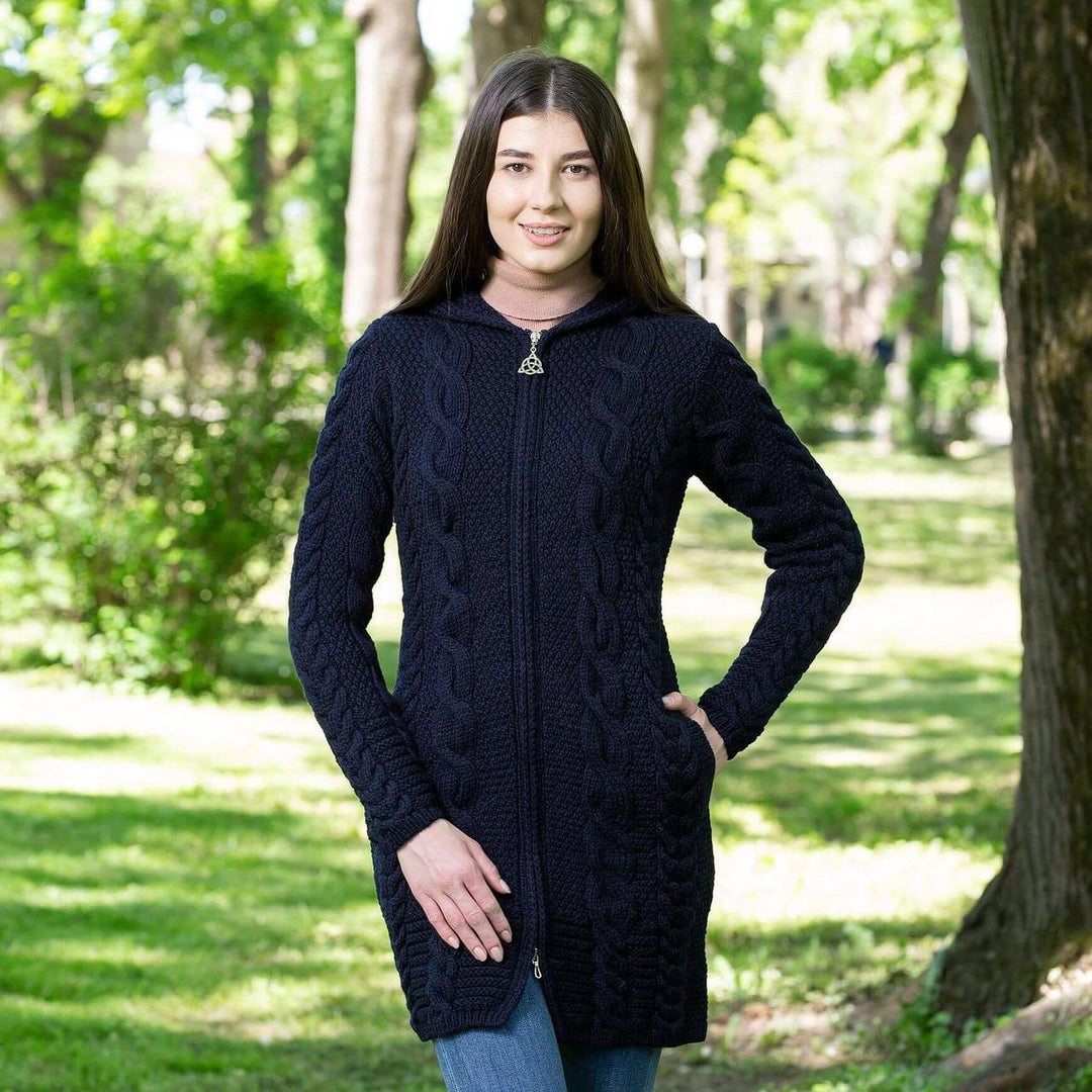 Saol - Aran Cable Knit Hooded Zip Coatigan - Navy Large- ML110-104-LRG