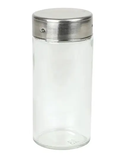 Glass Spice Bottle 3 oz w/ Stainless Steel Lid & Plastic Shaker Top - 230685