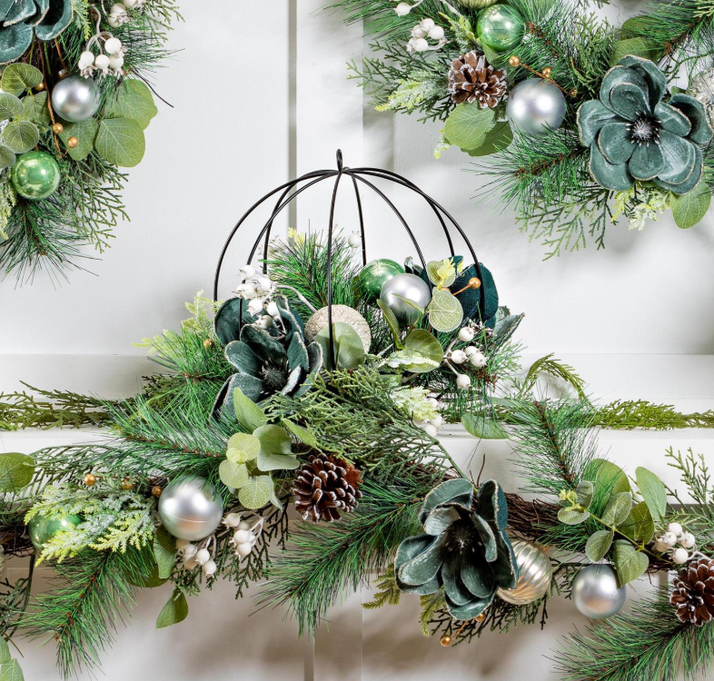 Evergreen - Shades of Green Hanging Décor Artificial with Metal Orb and Ornaments - 4FL383