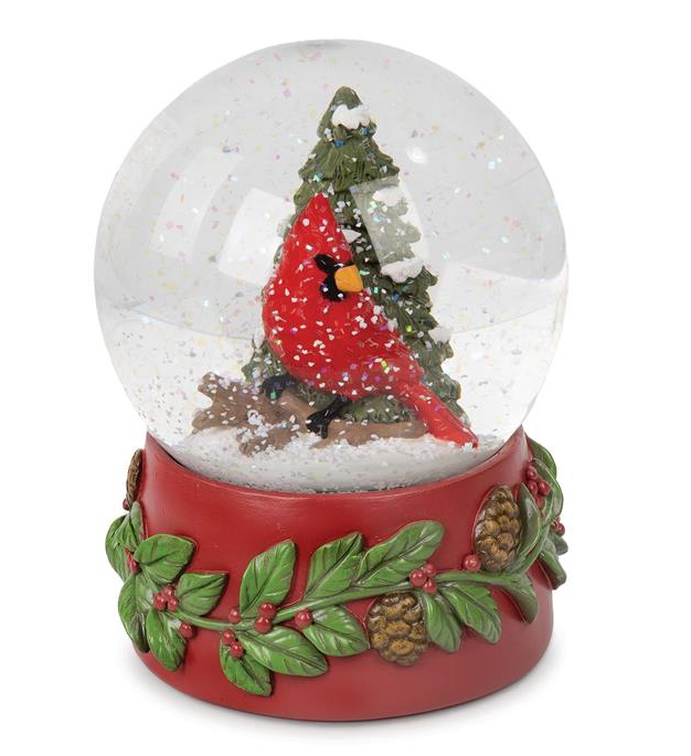 Cardinal Snow Globe w/ Holly & Pine Cone Base - 258-72014