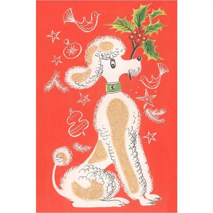 Found Image Press - Greeting Card MC-512 Cartoon Poodle with Holly Sprig - MC-00512-NC0601
