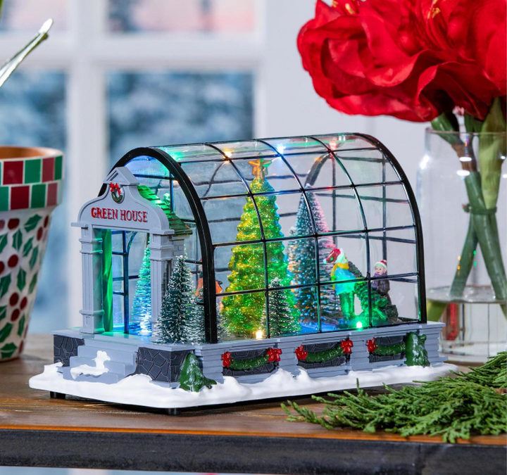 Evergreen - Holiday Poinsettia LED Table Decor Resin Greenhouse with Rotating Tree and Music - 8TAL160