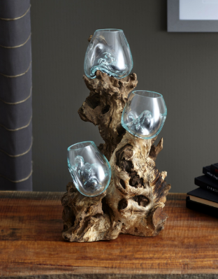 Cohasset Gifts - 50cm Tall Wood Sculpture Base w/ (3) 10cm Molten Glass Bowls - 647-50T