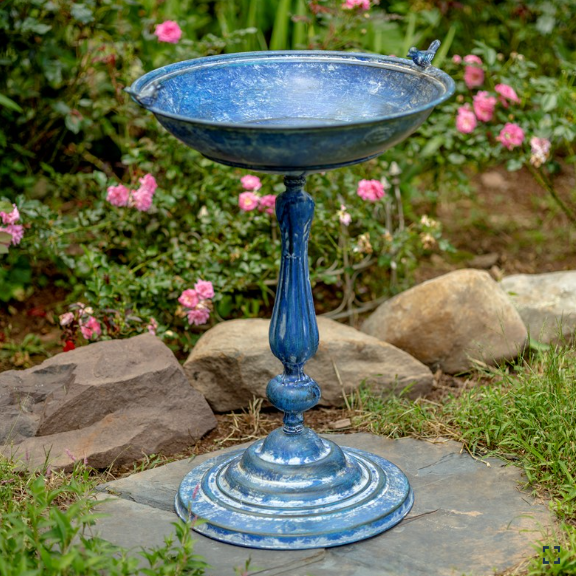 28.75" Tall Round Pedestal Birdbath with Bird Details in Antique 'Blue' ZR181173-BL