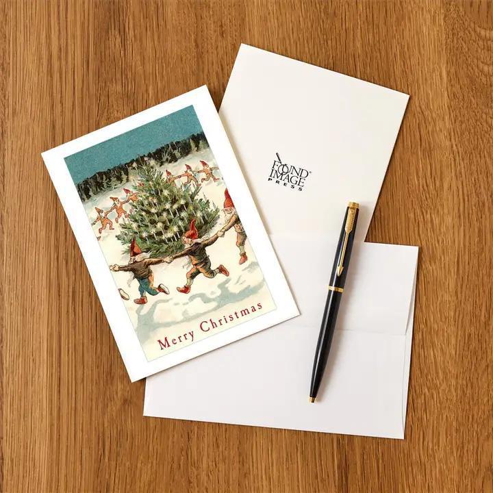 Found Image Press - Greeting Card MC-415 Merry Christmas, Elves Dancing Around Tree - MC-00415-NC0601