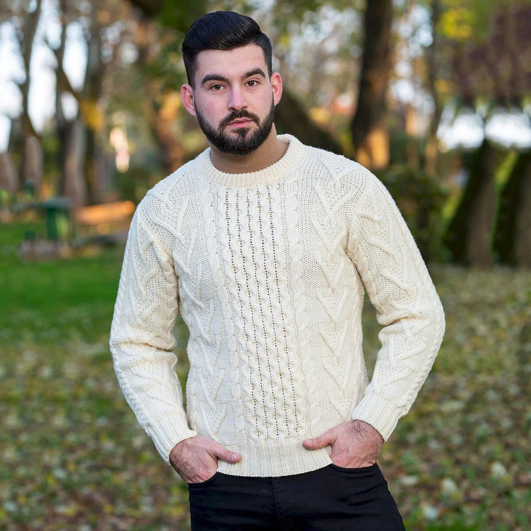 SAOL - Men's Merino Aran Sweater - Natural Medium - MM208-100-MED
