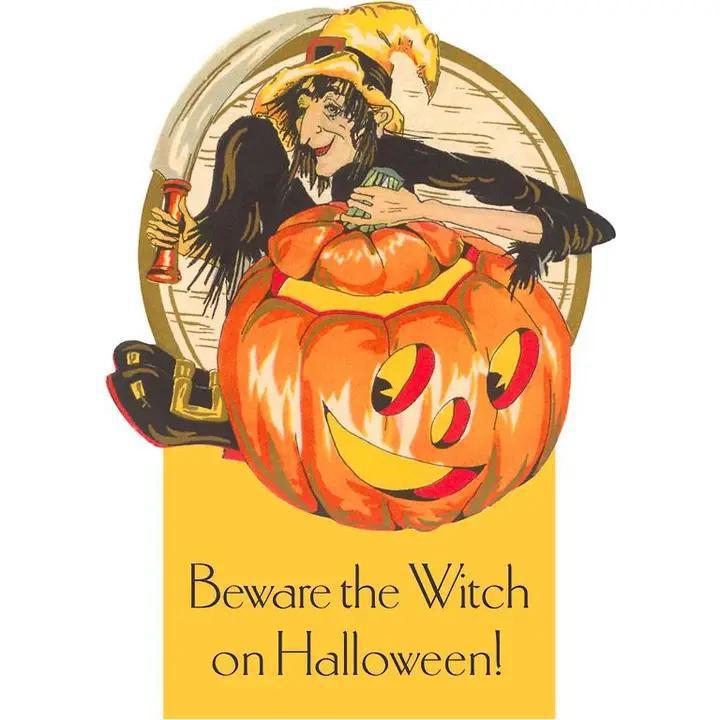 Found Image Press -  Greeting Card - Beware the Witch on Halloween, Jack O'Lantern - HW-00084-NC0601