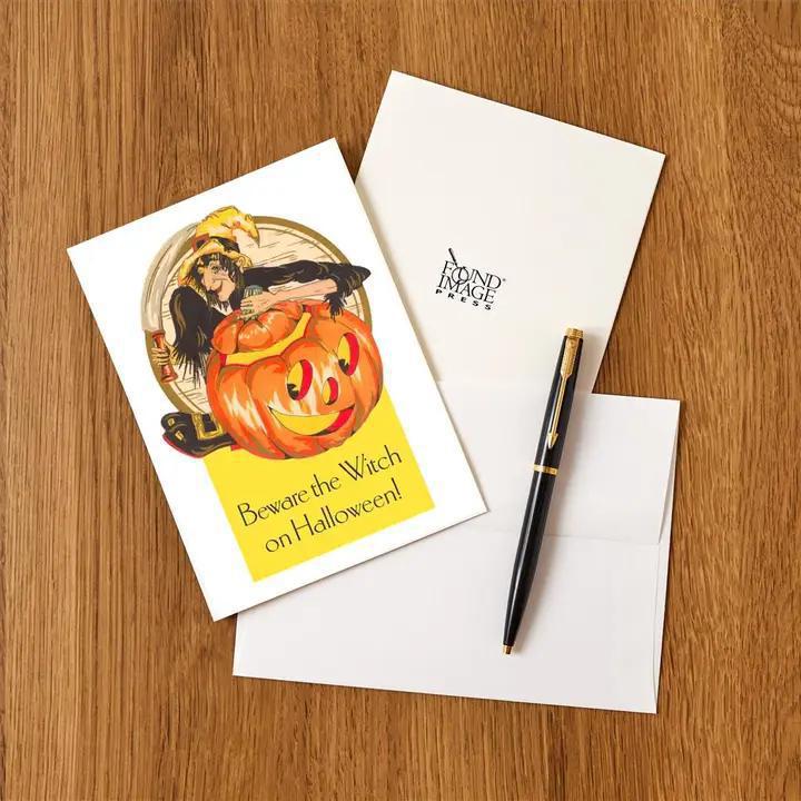 Found Image Press -  Greeting Card - Beware the Witch on Halloween, Jack O'Lantern - HW-00084-NC0601