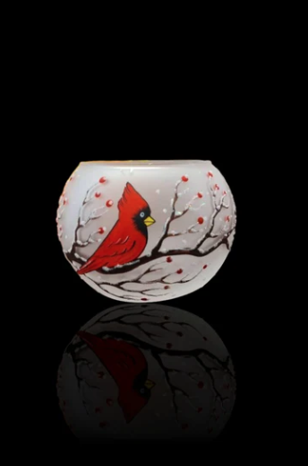 Glass By Iness - Frosted Glass Candle Holder - Red Cardinals - Large