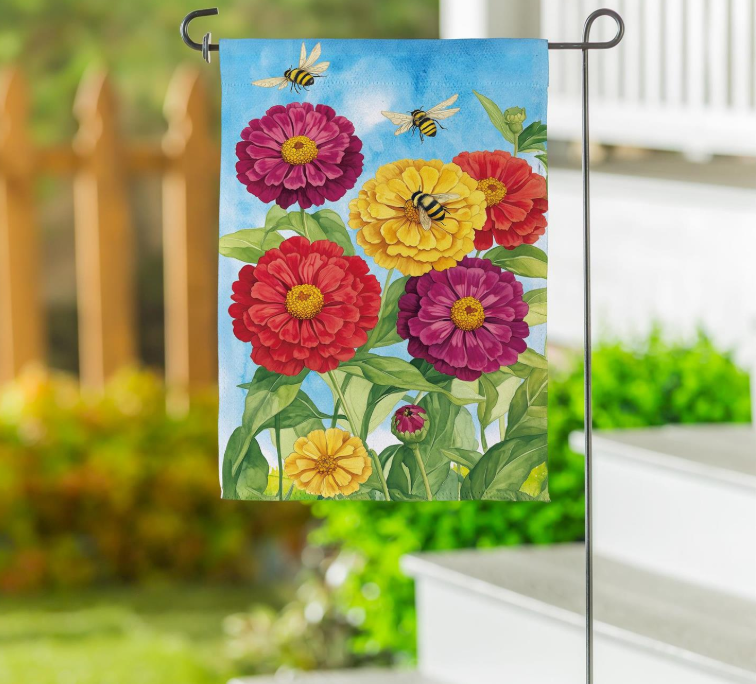 Multicolor Zinnias & Bees Suede Garden Flag - SXGY73SGF325