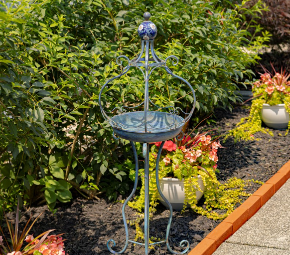 45" Tall Blue Iron Birdbath with Ceramic Sailor Ball Accent "Mizu" ZR200534-BL