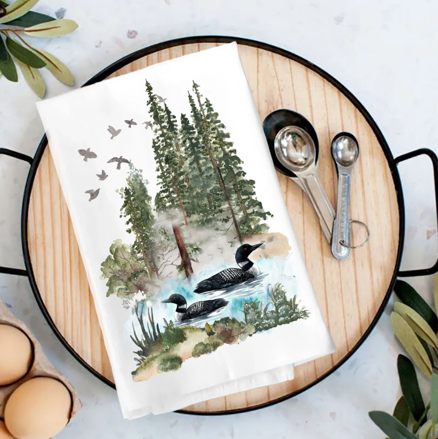 Two Loons on Lake Forest Tea Towel - New Hampshire - TT-6077 NH