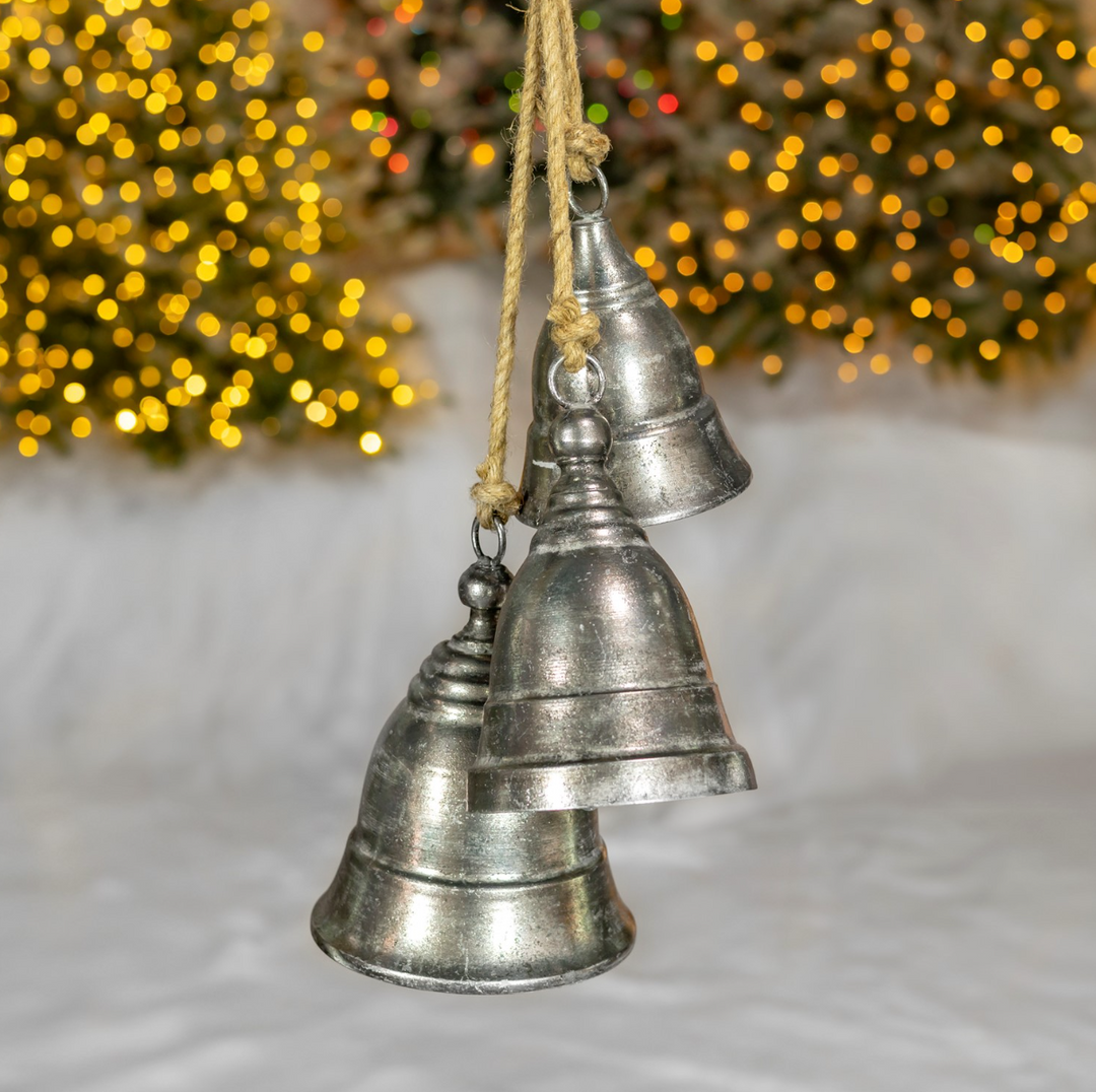 30.1" Hanging 3pc Antique Silver Iron Bell Cluster - Chalice Style - ZR233001-SV5